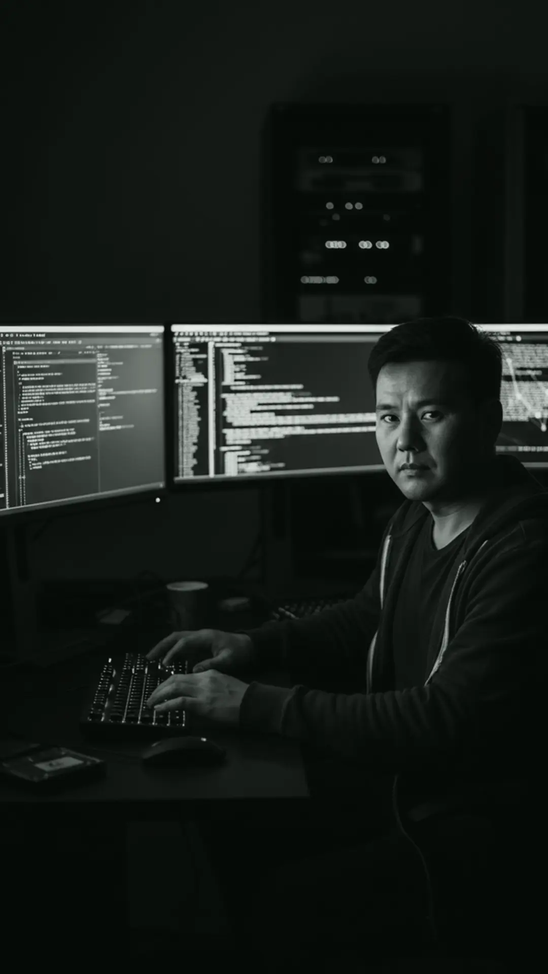 A security engineer at a multi-monitor workstation
