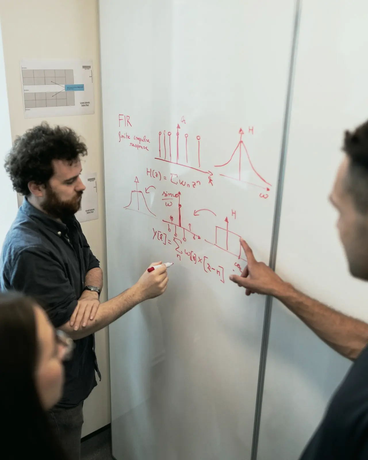 Engineers sketching a design together on a whiteboard